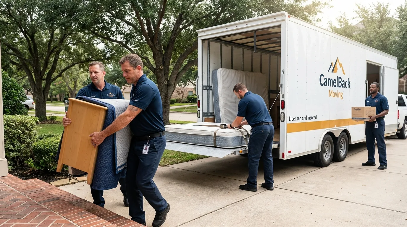 Crew loading residential truck for cross-state move from Woodbridge, CA