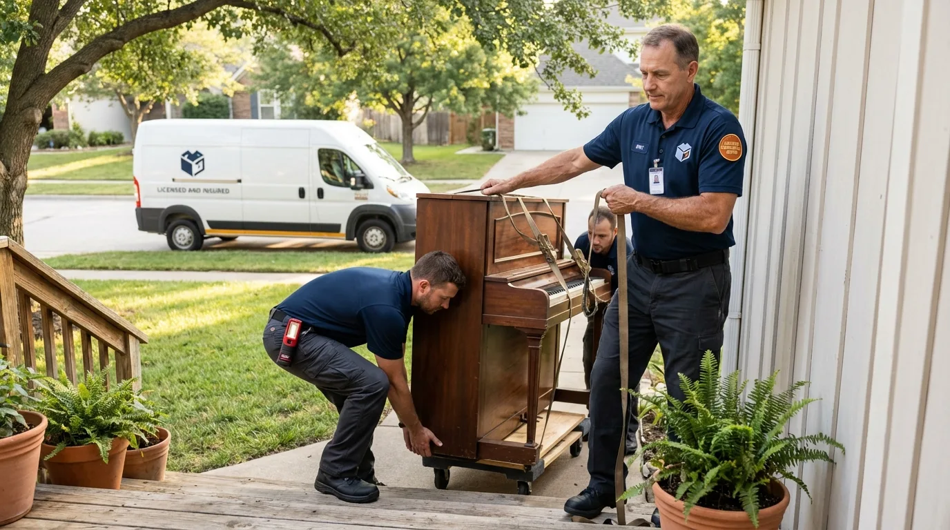Licensed piano movers securing grand piano in Woodbridge, CA