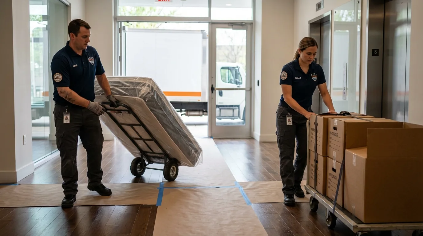 Professional apartment movers loading elevator in Woodbridge, CA